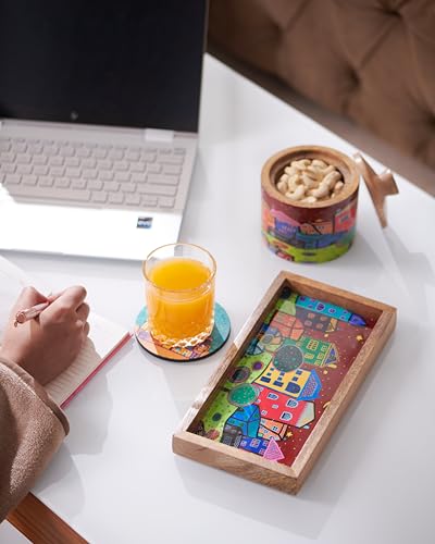 Image of Wooden Designer Rectangular Serving Tray - 10 x 5 x 1Inch| Premium Mango Wood Decorative | Eco-Friendly Non-Toxic Multipurpose Serving Tray for Tea, Coffee, Snacks, Kitchen & Gifting(Brown)
