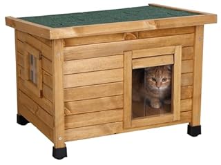 Casetta per gatti in legno Kerbl Rustica, porta a doghe, finestra in plexiglas, piedini in plastica regolabili in altezza, marrone/verde, 57 x 45 x 43 cm