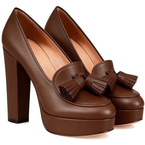 Image of SHODENSE Women Vintage Chunky Platform Loafers Pumps Tassel Round Closed Toe Slip On Suede Block High Heel Dress Loafer Shoes Buckle Strap Oxford Loafers Fringe Pump Dressy Chic Sexy Y2k 4-11 M US