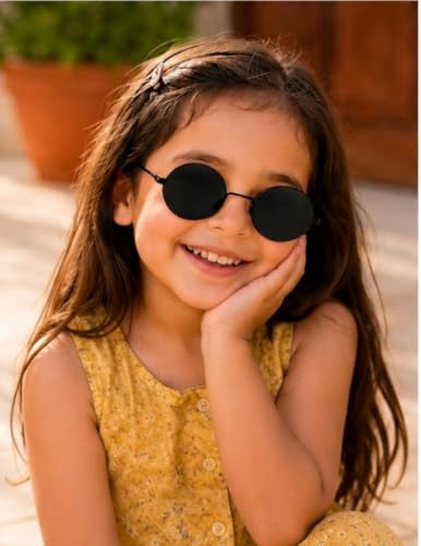 Image of BookMyCostume Kids Round Black Sunglasses - Circular Sunshades for Boys and Girls - Fashion Summer Outdoor Eyewear Accessory for Birthday, Photo Shoots, and Fancy Dress | Aged 2 to 8 Years
