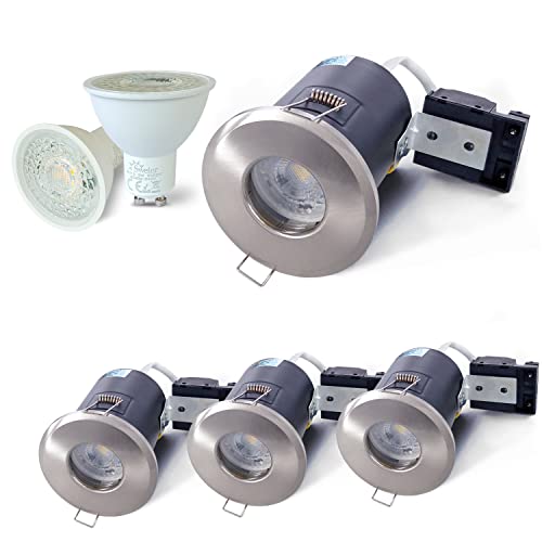 4XSweier 90 Minute Fire Rated LED Spotlights,5W 3000K Warm White IP65 Waterproof Bathroom LED Recessed Ceiling Lights,230V GU10 Downlight,Cut-Out 75mm. Satin Nickel(Non-dimmable)