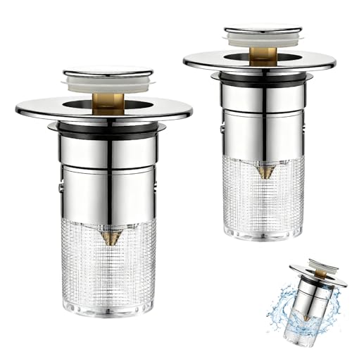 Tapón De Lavabo, 2 PCS Tapon Fregadero Cocina Universal Click Clack Pop Up con Filtro Antiolor, Acero Inoxidable para Lavamanos y Bañera, Fácil Instalación Sin Fugas (34-40 mm Drenaje)