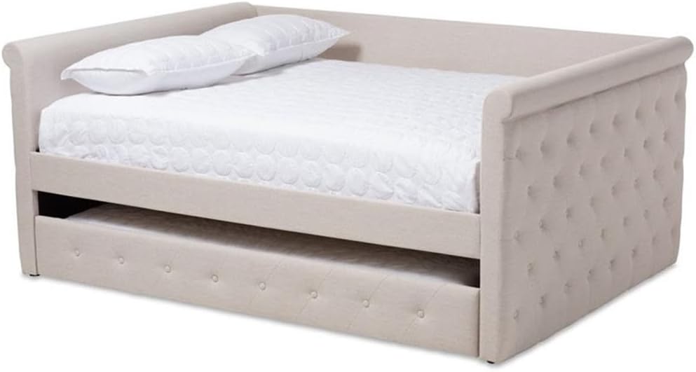 BOWERY HILL Fabric Tufted Queen Daybed with Trundle, Light Beige Upholstered Engineered Wood Frame, Scrolled Arms, Button-Tufted Design, Coastal Glam Style Guest Bed, 37.48" H x 89.76" W x 62.6" D