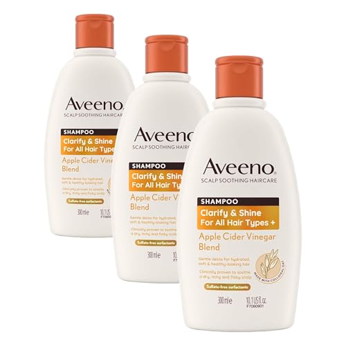 Aveeno Scalp Soothing Haircare Clarify & Shine Shampoo, Apple Cider Vinegar Blend, for All Hair Types, Soothes Dry, Itchy & Flaky Scalp, Clinically Proven, Sulfate Free, 300ml (Pack of 3) option