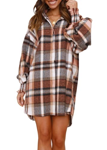 Danedvi Womens Oversized Flannel Plaid Shirts Jacket Ballon Sleeve Button Down Shacket Coats Orange3