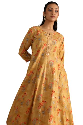 Image of Soch Womens Mustard Cotton Flex Floral Print Dress with Sequins