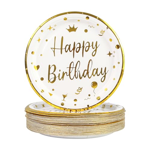 50PCS Happy Birthday Paper Plates 7 inch, Disposable White Gold Dessert Paper Plates Dinner Plates Cake Plate Party Supplies for Birthday Party Decorations (White Gold)