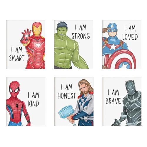 Fakcrkun 6 Pcs Superhero Posters, Canvas Motivational Wall Art, Positive Affirmation Prints with Hulk, Spiderman, Educational Wall Decor for Boys Room, Playroom Decor, 7.8x11.8inch