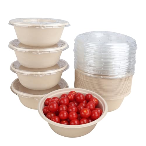 JAYEEY 40 oz Disposable salad bowls with lids,Sugarcane Paper Bowls take away food containers Plant Fibers Freezer Safe 25 Pack