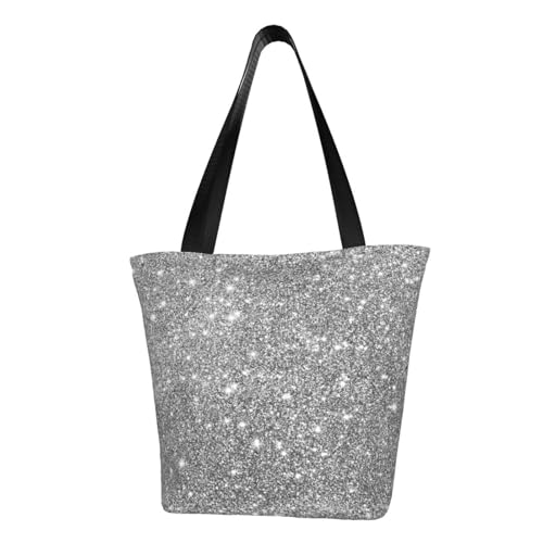 BeNtli Umhängetasche, Canvas Tote Große Tasche Damen Casual Handtasche Wiederverwendbare Einkaufstaschen,Silberner Glitzer funkelt