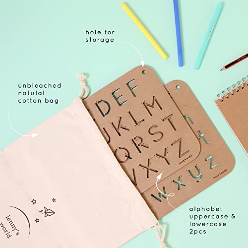 Lenny’s World Alphabet Tracing Stencil Boards - 2-Pack MDF Board Alphabet Stencil for Children Ages 3+ - Letter Tracing Practice Activity for Kids in Preschool, Elementary - with Storage Bag - 12x9"