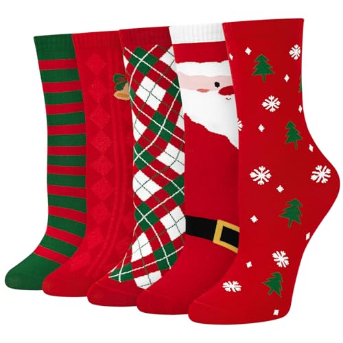 Image of Chalier Womens Funny Socks Cozy Cute Printed Patterned Fun Sock Novelty Cat Dog Socks for Women, Y-Merry Christmas 04(5 Pairs)