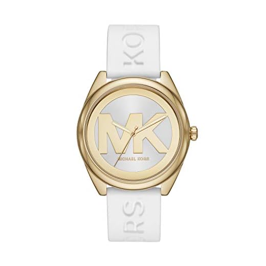 Michael Kors Reloj para mujer Janelle, movimiento de tres manecillas, caja dorada de acero inoxidable de 42 mm con correa de silicona, MK7141