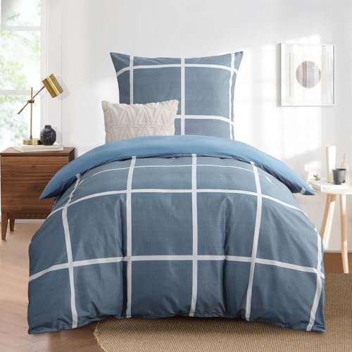 RUIKASI Bettwäsche 155x220 2 teilig Denimblau - Bettbezug 155 x 220 Set mit Karo Muster, Bettwäsche-Sets 155x220cm aus Mikrofaser mit Reißverschluss Weich und Bügelfrei