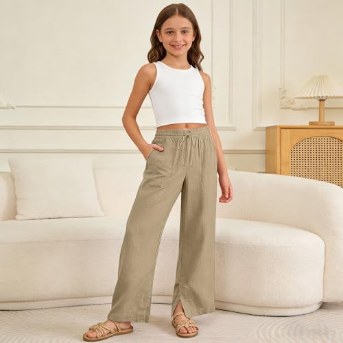 Image of Girls Linen Pants Wide Leg School Uniform Pants Cozy Elastic Waist Summer Casual Beach Lounge Trousers with Pockets