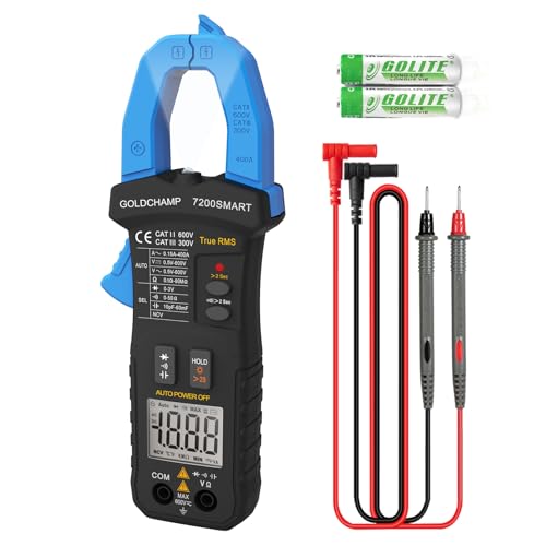 Clamp Meter Multimeter Tester AC/DC 6000 Counts Measures Capacitance, Resistance, Continuity, Diode, TRMS NCV with Auto Range, Backlight, Data storage with Test Leads, Alligator Clips GOLDCHAMP
