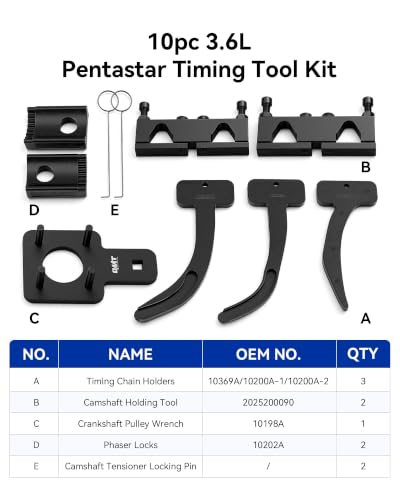 Image of Orion Motor Tech 10pc Camshaft Phaser Timing Chain Lock Tool Kit 10200A | for 3.6L VVT Pentastar Engine, Compatible with Most 2011-2019 Chrysler Dodge Jeep Ram, 10369 10200A 10202 10198A 2025200090
