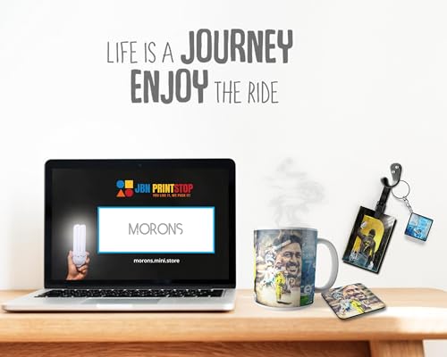 Image of MORONS (A Brand Owned by JBN Printstop) MS Dhoni Tribute Gift Box Includes 4 Items: Ceramic Mug, Keychain, Bag Tag and Tea Coaster - The Ultimate MSD Fan Collection; 330ML