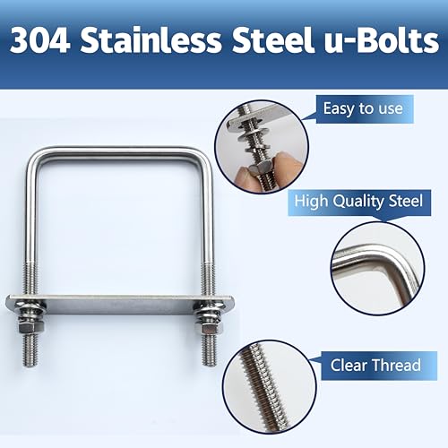 Image of 2 Pcs M10 Square U Bolts 4 Inch Wide, 3 /8 inch x 4 inchW x 5 inch L | 304 Stainless U Bolt Heavy Duty with Nuts, Bolt Plate and Washers,4 inch u bolt,Metric bolts