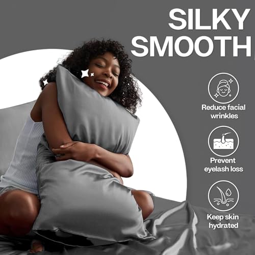 Image of SKVM Satin Silk Pillow Covers Set of 4 for Hair and Skin scrunchies Set for Women 3-Pieces Pillowcase Soft Breathable Smooth Sleeping Envelope Closure Cover Bed Anti Frizz 18 inchX 28 inch (4, Dark Grey)