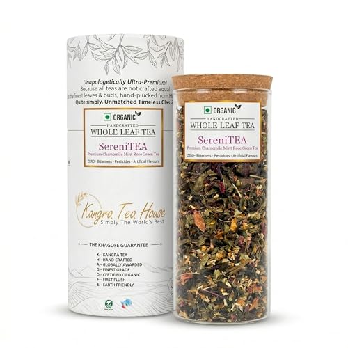 Image of Kangra Tea House Organically Grown Chamomile Mint Rose Green Tea for Stress Relief & Good Sleep (100g = 150 - 200 cups) - Richest Source of Antioxidants - SereniTEA 100g
