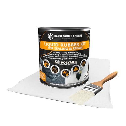 HSS Liquid Rubber KIT White – MS Polymer Sealant for Roof, Cracks, Walls & Any Repairs, Solvent-Free, Flexible Liquid Membrane - incl. Reinforcement & Brush - White - 25.7oz