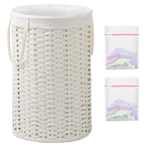 SETVSON Large Laundry Hamper Laundry Basket Round 34.3 Gal (130 L) Handwoven Wicker Laundry Baskets Rattan Laundry Basket with Removable Bag Handles 2 Mesh Bags for Living Room Bedroom White