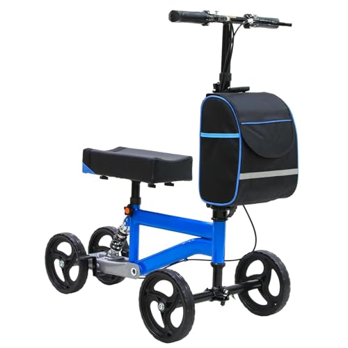 300lbs Foldable Knee Scooters for Adults, Rolling Knee Walker with Basket & Wheels, Seated Leg Scooter with Dual Braking System for Foot Injuries, Adjustable Height (Blue)
