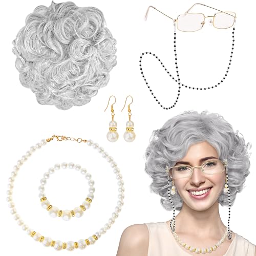 Amlisia Alte Dame Perücke Kostüm Set für Frauen, Kurz gelockt Alte Frauen Oma Silber Grau Oma Perücke Kostüm Zubehör Mädchen (Silbergrau)