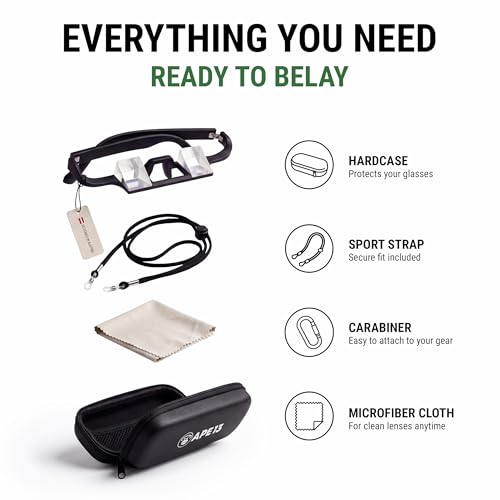 APE13 Climbing Belay Glasses – Kletterbrille zum Sichern mit Prismengläsern – leicht & stabil – für Brillenträger geeignet – inkl. Hardcase, Strap, Karabiner & Reinigungstuch (Schwarz)