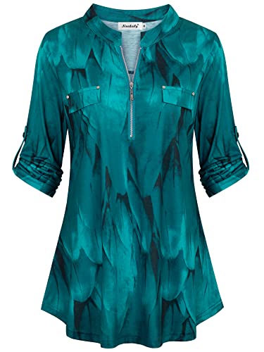 Ninedaily Women Spring Fashion 2023, Womens Tops Dressy, Women's 3/4 Sleeve Shirts Zip Floral Casual Tunic Blouse Tops, Peacock Blue,Size Xl #TOP21