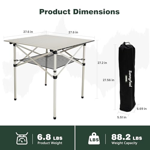 SUNNYFEEL Aluminum Folding Camping Table, Lightweight Roll Up Portable Foldable Outdoor Table, Seats 4 with Carry Bag & Mesh Shelf for Picnic, Beach, Tailgating & Card Game, 27.5" Square - Image 3