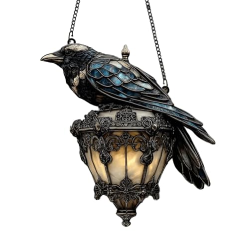 Halloween Decor Indoor,Faux Stained Glass Gothic Raven Lantern,Halloween Crows on Lamp,Crow Window Hangings Ornaments,Handmade Crow Birds Pendants for Bedroom Living Room Party Decorations
