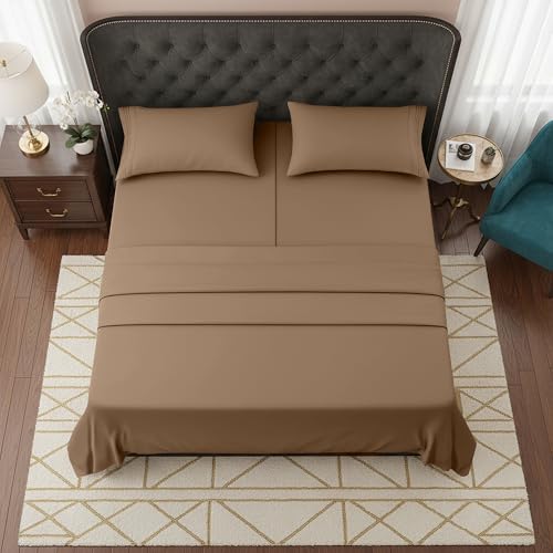 Image of Elegant Comfort Luxurious 1500 Premium Hotel Quality Microfiber Three Line Embroidered Softest 5-Piece Bed Sheet Set, Wrinkle and Fade Resistant, Split King, Taupe