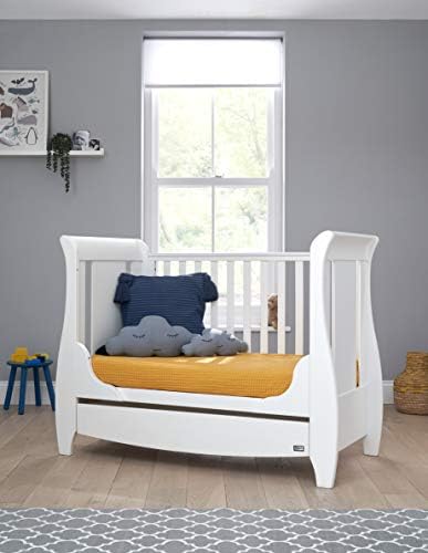 Tutti Bambini Katie Space Saver Sleigh Cot Bed With Under Bed Drawer - 120 X 60cm Converts To Junior/Toddler Bed (White) 3 Positions