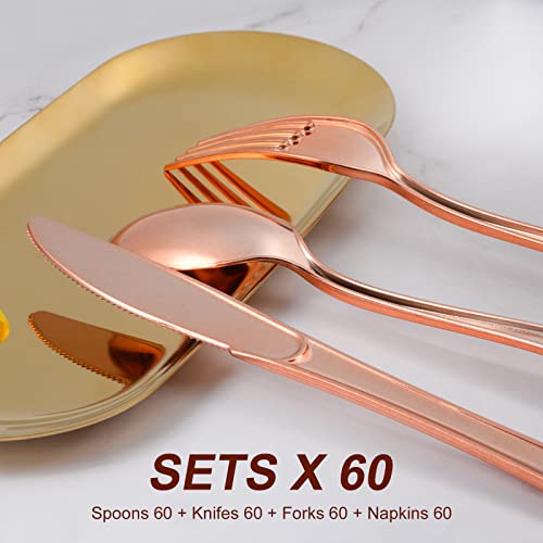 Rose Gold Pre Rolled Napkin And Cutlery Set, 60 Pack Pre Rolled Plastic Silverware Sets, Wrapped Utensils And Napkins, Rose Gold Utensils Disposable Silverware For Party, Event #TOP3