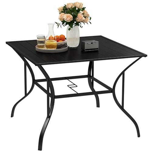 Outsunny 94 x 94 cm Garden Dining Table with Parasol Hole, Square Patio Table with Slatted Metal Plate Top, Black