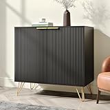 NOVAMAISON Storage Cabinet with Doors, Black Buffet Cabinet with Metal Legs and Adjustable Shelf, Fluted Sideboard Accent Cabinet with 2 Doors for Kitchen, Dining Room, Living Room, Office, Black
