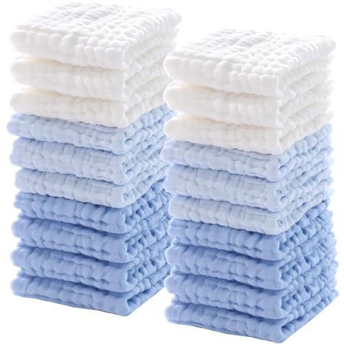 Image of Breling 20 Pcs Baby Muslin Washcloth 12 x 12 Inch 100% Cotton Soft and Absorbent Muslin Washcloth Burp Cloth Wipe Newborn Face Towel for Baby Boy Girl Sensitive Skin(White, Light Blue, Blue)