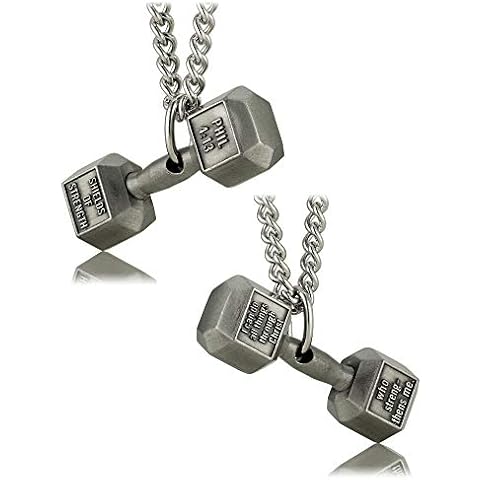 Shields of Strength Men's Antique Finish Dumbbell Necklace - Philippians 4:13 Cover