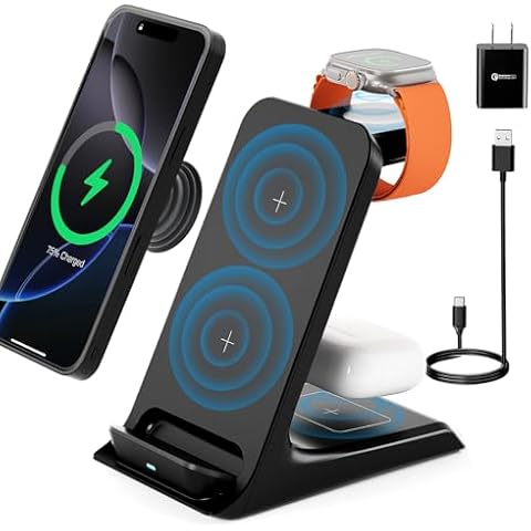KPON Wireless Charging Station for Popsocket/Otterbox 10MM Compatible, 3 in 1 Wireless Charger Stand for Thick Cases of 0.39 inch, Multiple Devices for iPhone 16/15/14/13/12/11/Apple Watch/Airpods Cover
