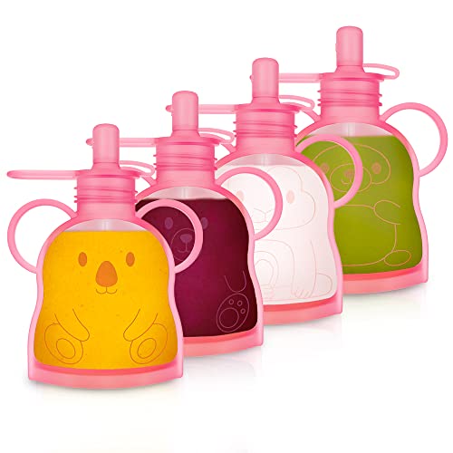 Image of Morlike Refillable Silicone Baby Food Pouches, Reusable Squeeze Storage containers Bags with Straws for Toddlers Kids, BPA Free & Freezable, 4.5oz (Pink - 4 Pack)