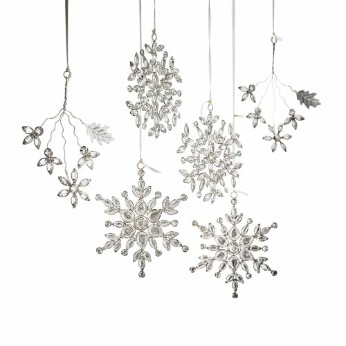Loberon Weihnachtsschmuck 6er Set Allegan, Verschiedene Formen, glitzernde Schneeflocken & Sterne, Weihnachtsdeko, Christbaumschmuck, Eisen, Glas, Silber