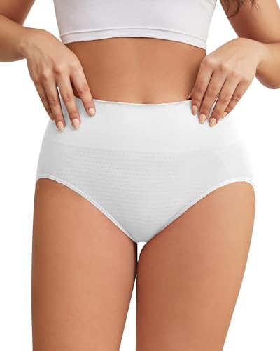 Hibluco Women Underwear High Waist Stretch Briefs Soft Underpants Ladies Full Coverage Panties White