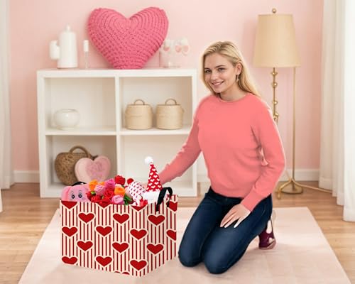Image of Large Valentine's Day Basket Heart Shaped Storage Bin for Gifts Collapsible Organizer Room Decor (Vertical Bar Red Love)