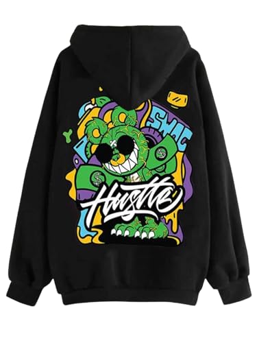 Image of Veirdo Cotton Fleece Oversized Fit Black, Grey, Green, Blue & Orange Cool & Aesthetic Hustle Monster Graphic Printed Full Sleeve Hoodie for Men