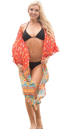 Women's Summer Batwing Sleeve Chiffon Cardigan Swimsuit Cover Up,Red/Teal