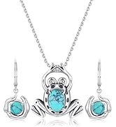BDL Turquoise Jewelry Set-925 Sterling Silver Frog Pendant Necklace & Dangle Drop Vintage Geometr...