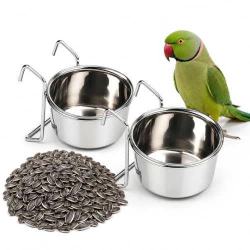 Image of Sage Square Bird Feeding Combo | Sunflower Seeds Bird Food 500gm + Stainless Steel Cage Feeder Bowl 250ml Set of 2 | Food, Seed, Water Serving Bowl for Parrot, Macaw, Cockatoo, Exotic Birds