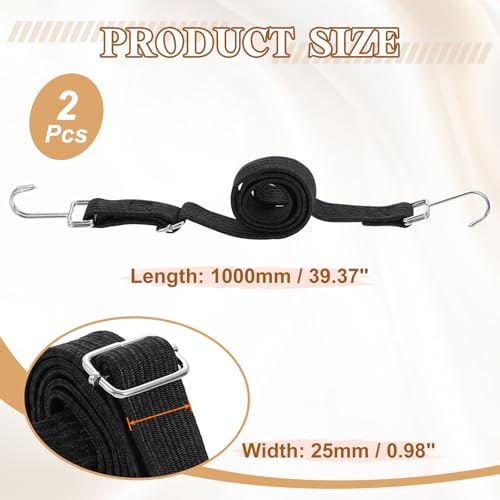 Image of uxcell 2Pcs Adjustable Bungee Cords with Hooks, 39 Inch Flat Heavy Duty Elasticity Straps Rubber Bungee Cords with Buckle for Outdoor, Camping, Tarp, Bike Rack, Luggage, Black